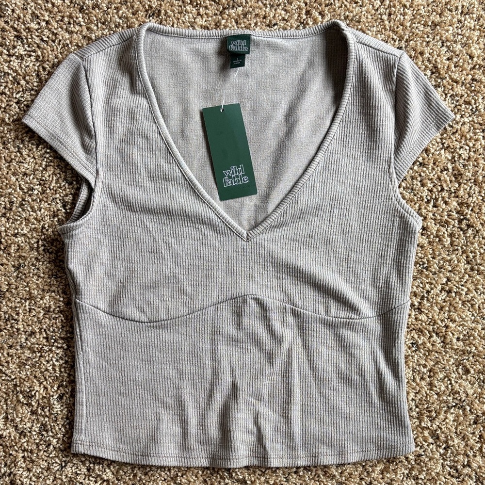 Wild Fable Gray Ribbed V-Neck Short Sleeve Shirt, Size Small